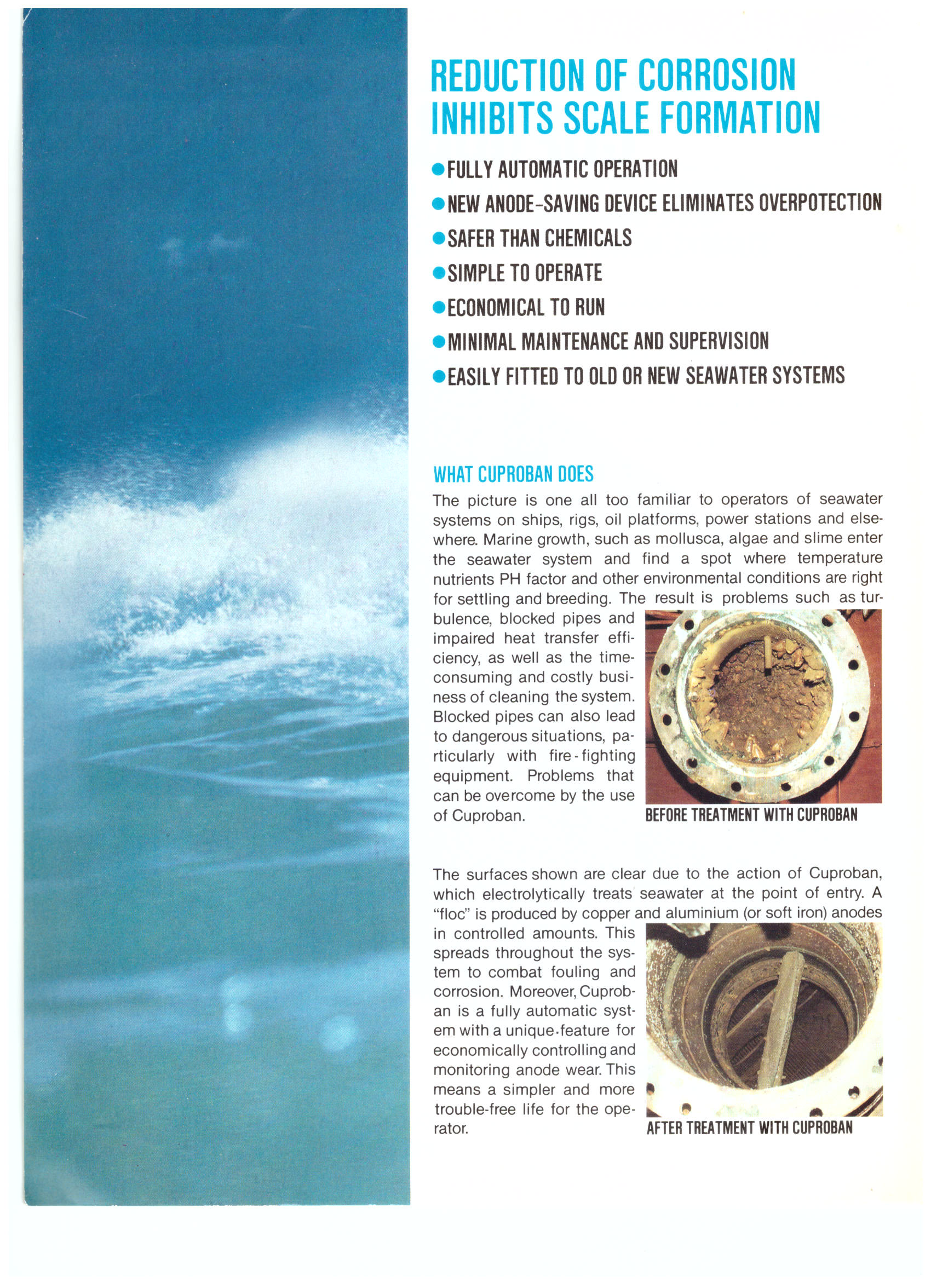 Before and after treatment with Cuproban — showing marine fouling removed from seawater pipe